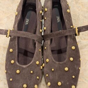 Zara Gold Studded Brown Flats